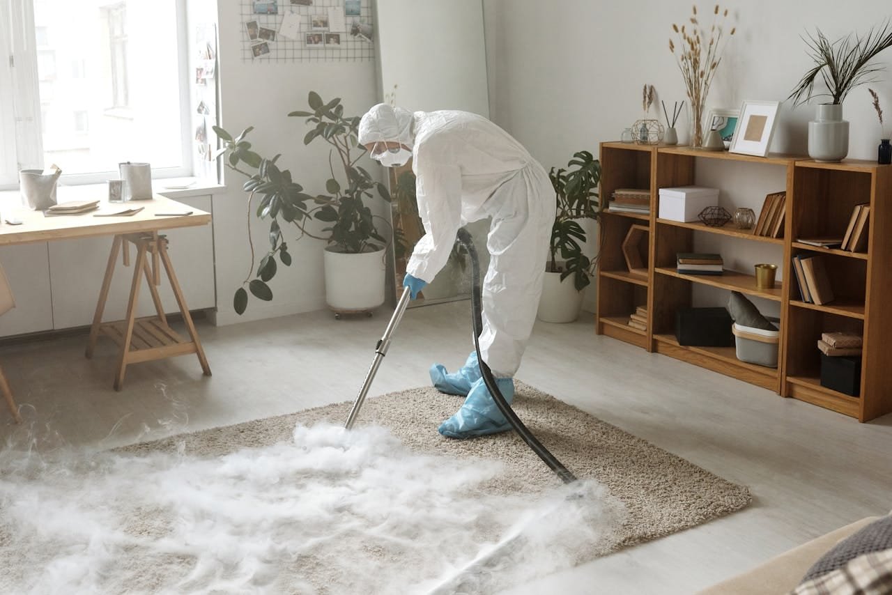 pexels-photo-4176302 A Woman Fumigating a Carpet